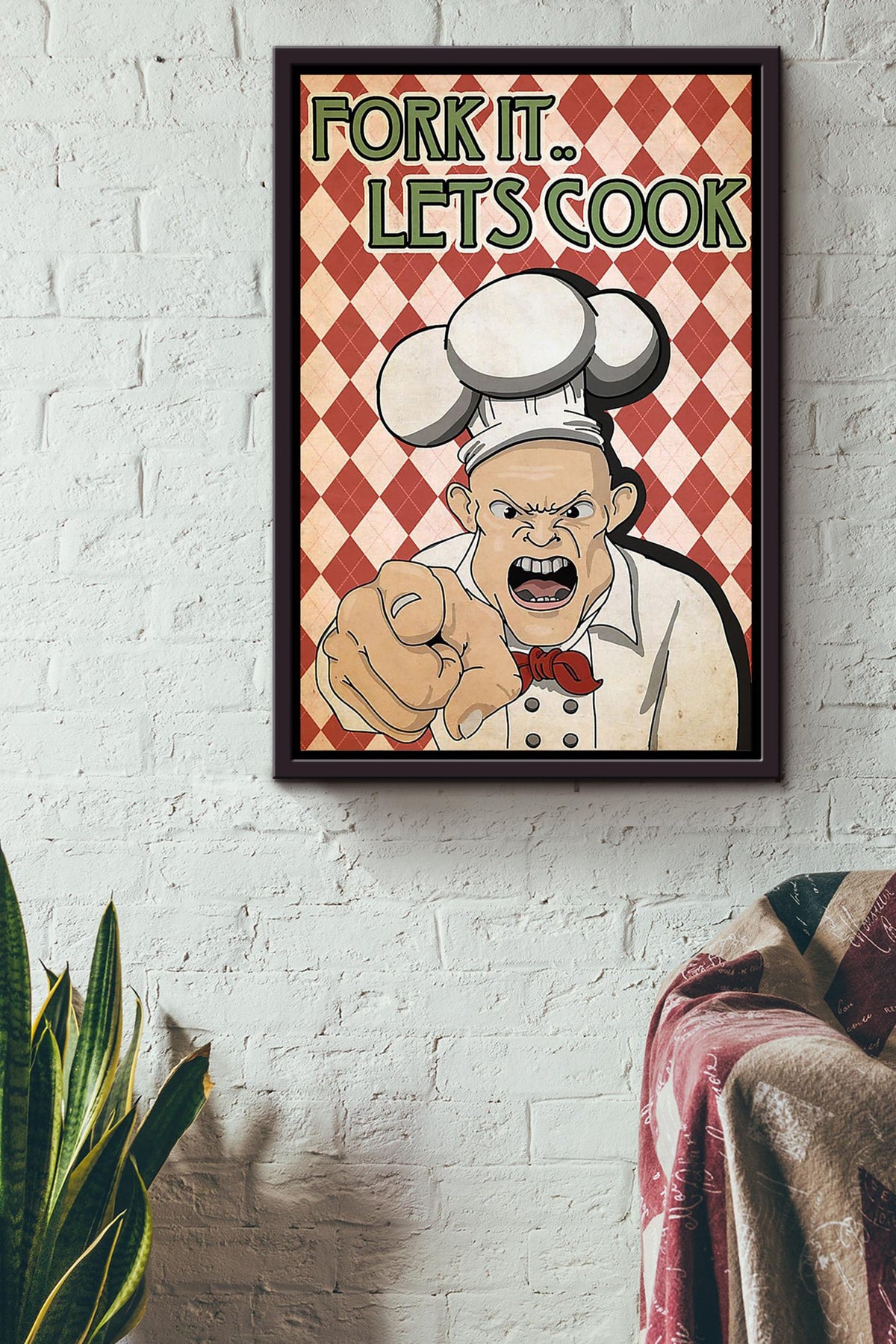 Fork It Lets Cook Angry Chef Vintage Wall Art Gift For Cooking Lover Kitchen Decor Framed Canvas Framed Prints, Canvas