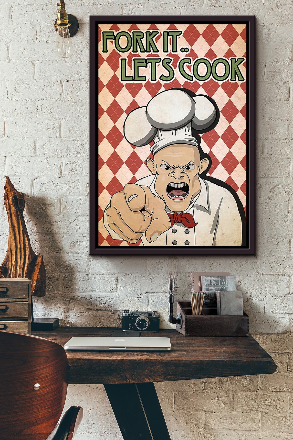 Fork It Lets Cook Angry Chef Vintage Wall Art Gift For Cooking Lover Kitchen Decor Framed Canvas Framed Prints, Canvas