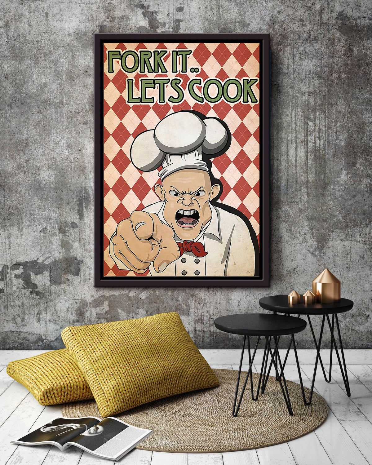 Fork It Lets Cook Angry Chef Vintage Wall Art Gift For Cooking Lover Kitchen Decor Framed Canvas Framed Prints, Canvas