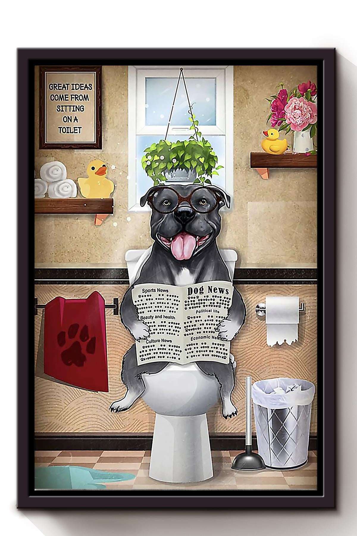 Black Bull Dog Reading News Dog Wall Art For Toilet Decor Dog Lovers Gift Framed Matte Canvas Framed Prints, Canvas