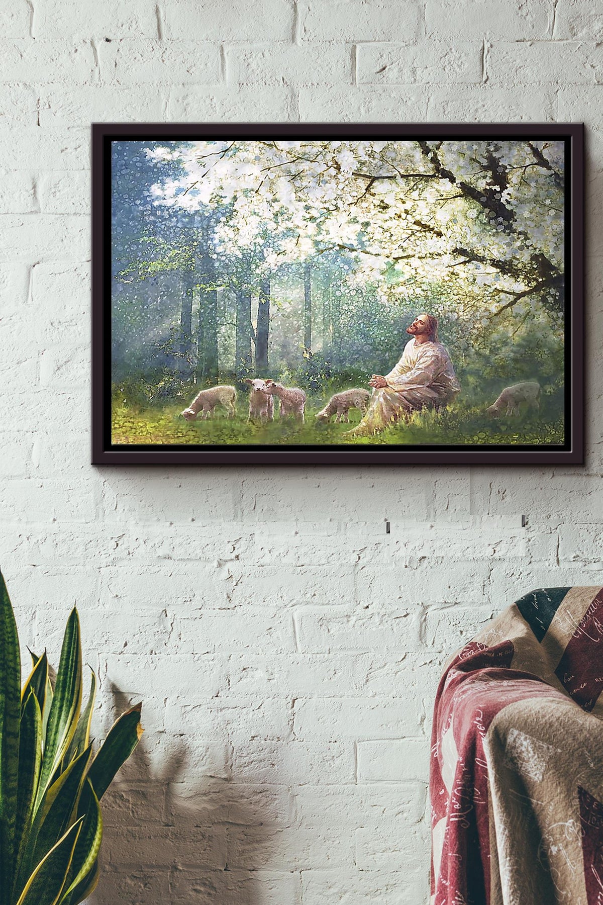 Jesus With The Sheep Under The Tree Poster n Framed Matte Canvas