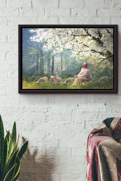 Jesus With The Sheep Under The Tree Poster n Framed Matte Canvas
