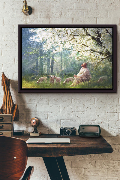 Jesus With The Sheep Under The Tree Poster n Framed Matte Canvas