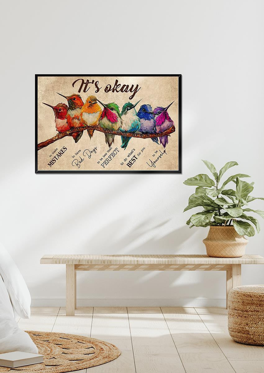 Hummingbirds It's Okay To Not Be Okay Motivation Quote Wall Art For Home Decor Housewarming Framed Prints, Canvas