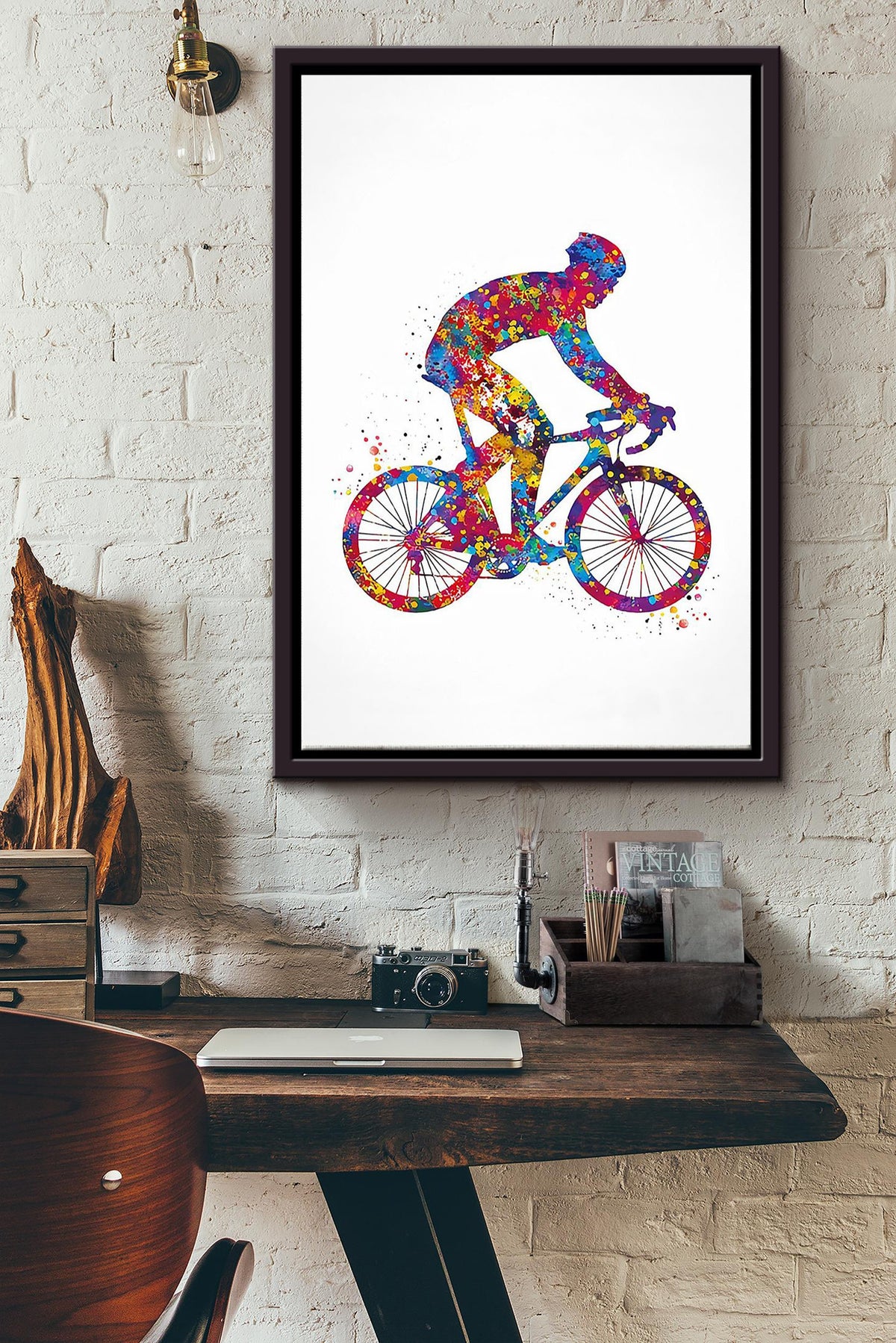 Cycling Biker Colorful Poster Framed Matte Canvas