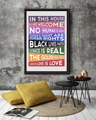 In this house All are welcome Slogan Equality Wall Art Gift For LGBT IDERD Framed Matte Canvas Framed Prints, Canvas
