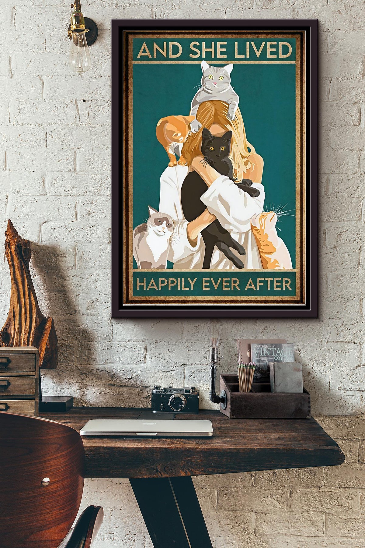 Cat And She Lived Happily Ever After Poster - Animal Wall Art - Gift For Cat Lover, Cat Foster, Pupy Fan Framed Matte Canvas Framed Prints, Canvas