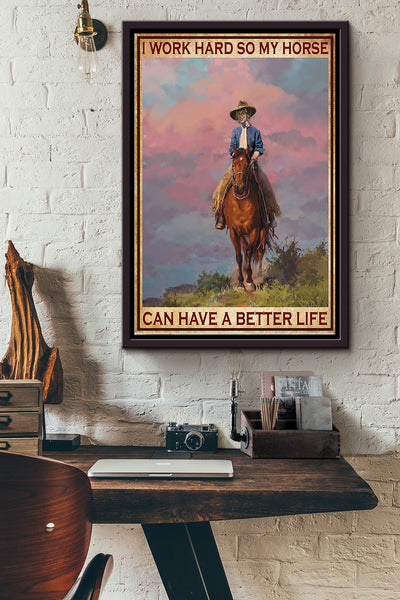 Cowgirl I Work Hard So My Horse Poster - Animal Wall Art - Gift For Horse Lover Cowboy Farmhouse Decor Framed Matte Canvas Framed Prints, Canvas