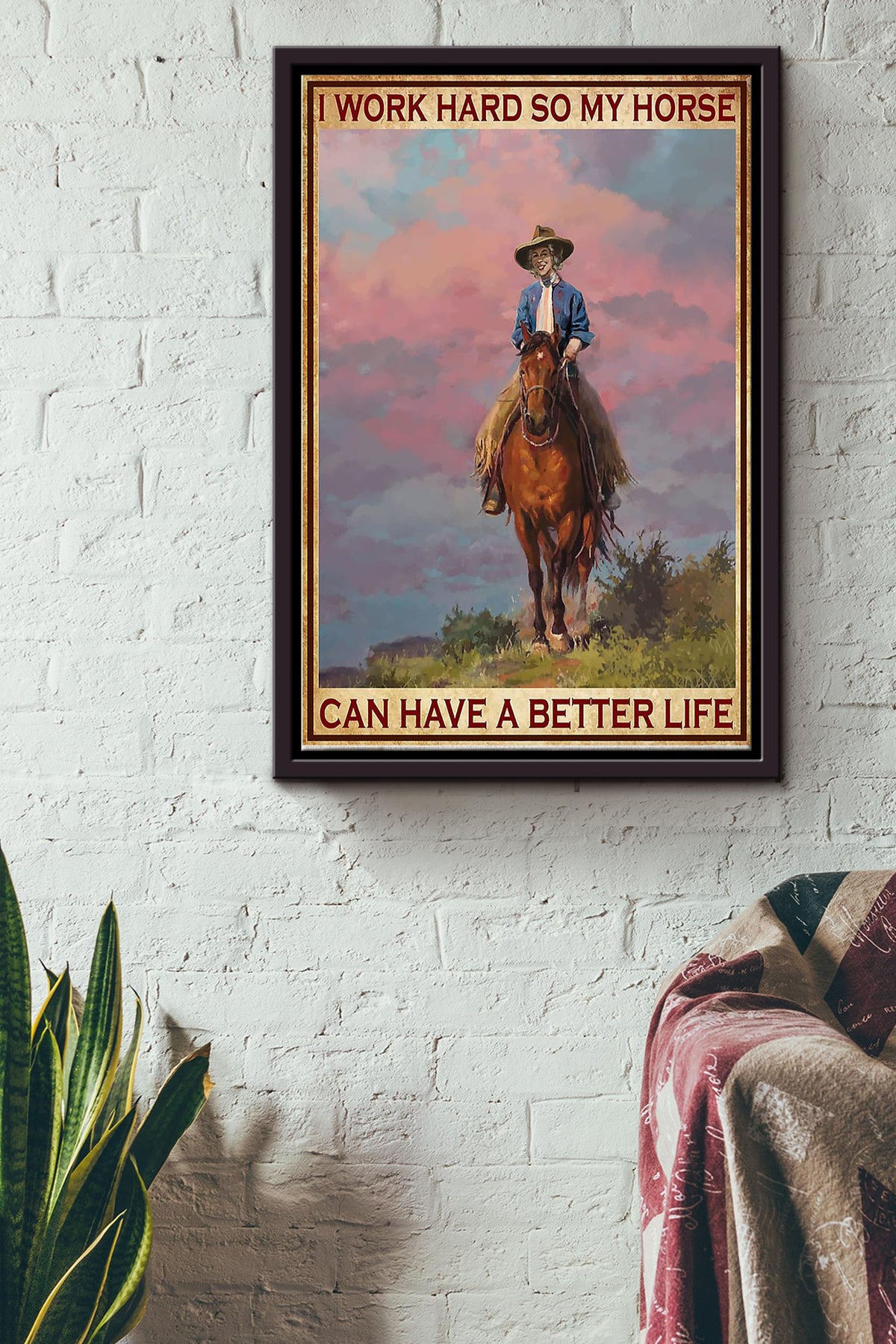 Cowgirl I Work Hard So My Horse Poster - Animal Wall Art - Gift For Horse Lover Cowboy Farmhouse Decor Framed Matte Canvas Framed Prints, Canvas