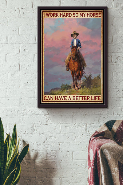 Cowgirl I Work Hard So My Horse Poster - Animal Wall Art - Gift For Horse Lover Cowboy Farmhouse Decor Framed Matte Canvas Framed Prints, Canvas