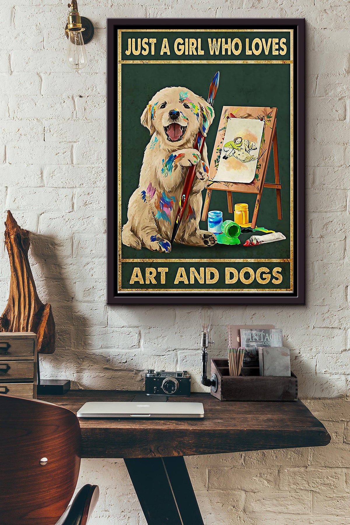 Just A Girl Loves Art And Dogs Poster - Wall Art - Gift For Painter Artist Girl Women Dog Dog Print Golden Retriever Art Framed Matte Canvas Framed Prints, Canvas