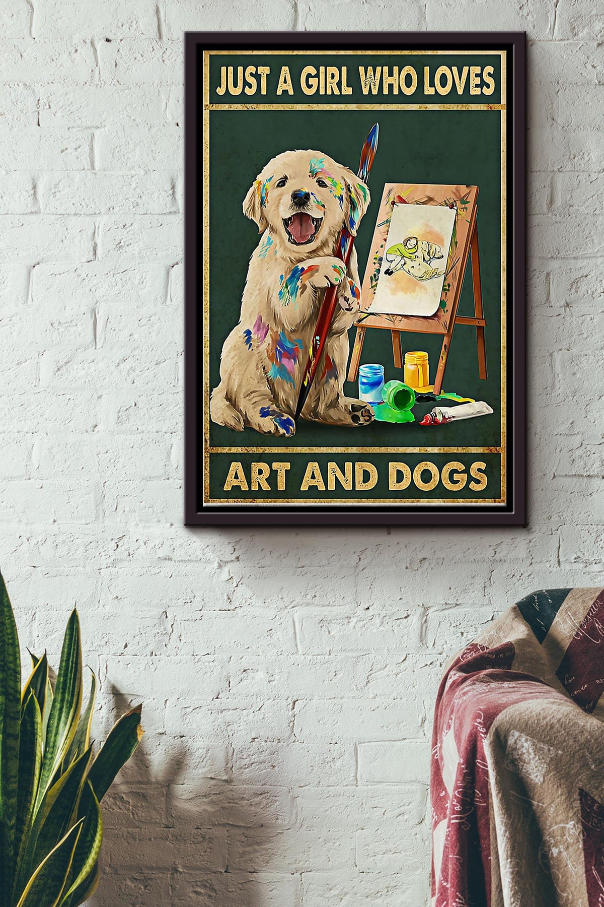 Just A Girl Loves Art And Dogs Poster - Wall Art - Gift For Painter Artist Girl Women Dog Dog Print Golden Retriever Art Framed Matte Canvas Framed Prints, Canvas