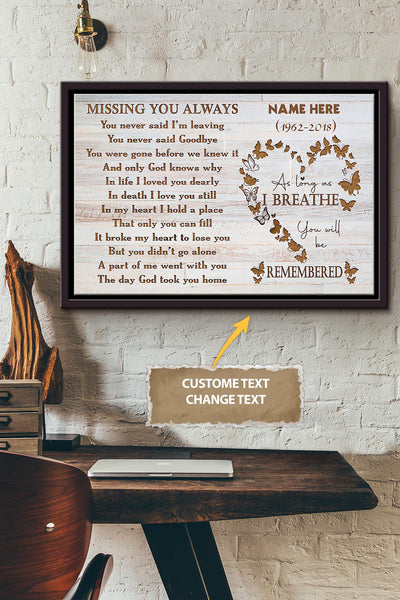 As Long As I Breathe You Will Be Remembered Poster - Memorial Wall Art - Gift For Death Anniversary Lover Valentine Day Framed Matte Canvas Framed Prints, Canvas