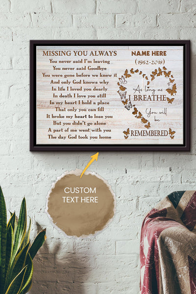 As Long As I Breathe You Will Be Remembered Poster - Memorial Wall Art - Gift For Death Anniversary Lover Valentine Day Framed Matte Canvas Framed Prints, Canvas
