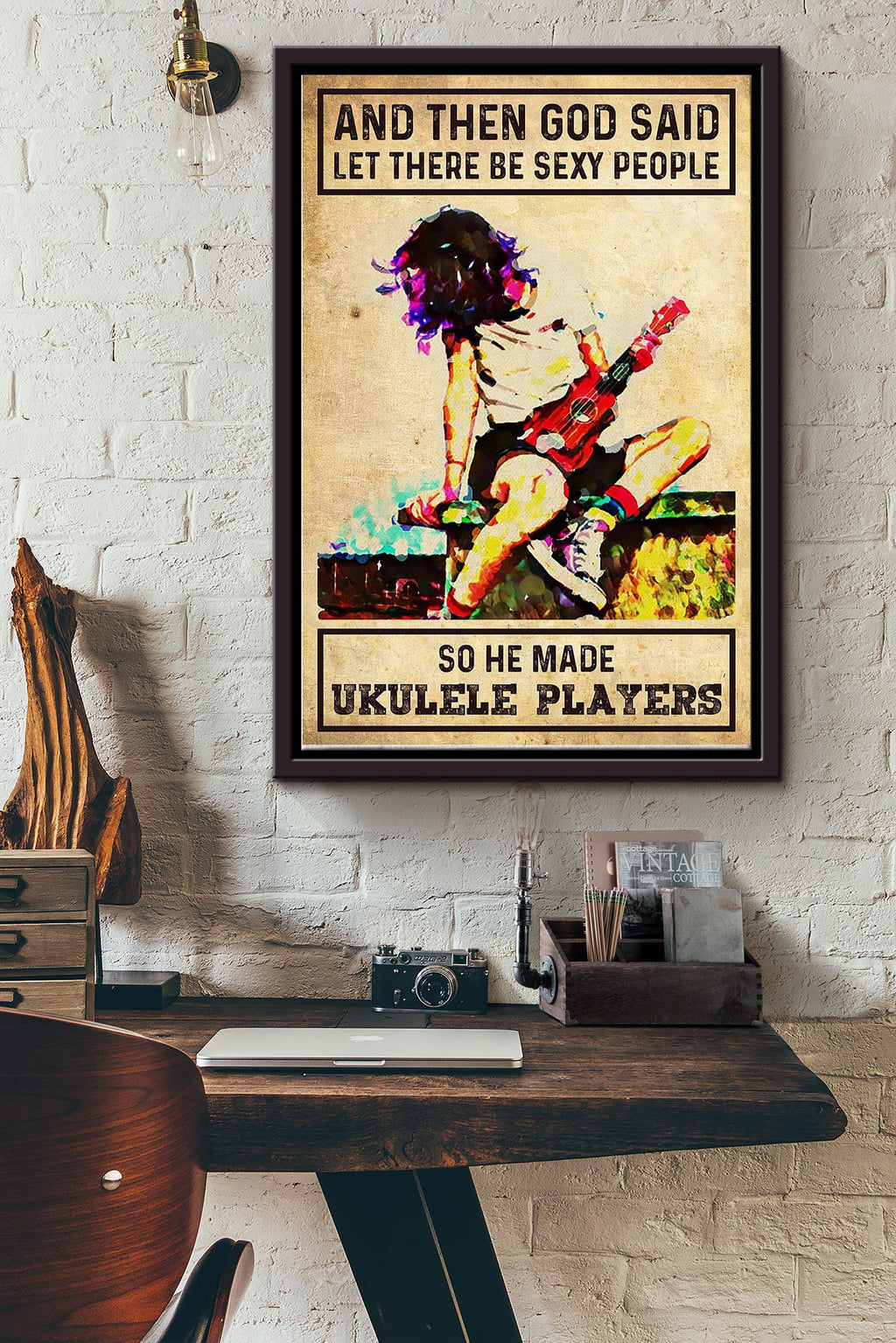 God Said Let There Be Secy People So He Made Ukulele Players Ukulele Colorful Poster Framed Matte Canvas