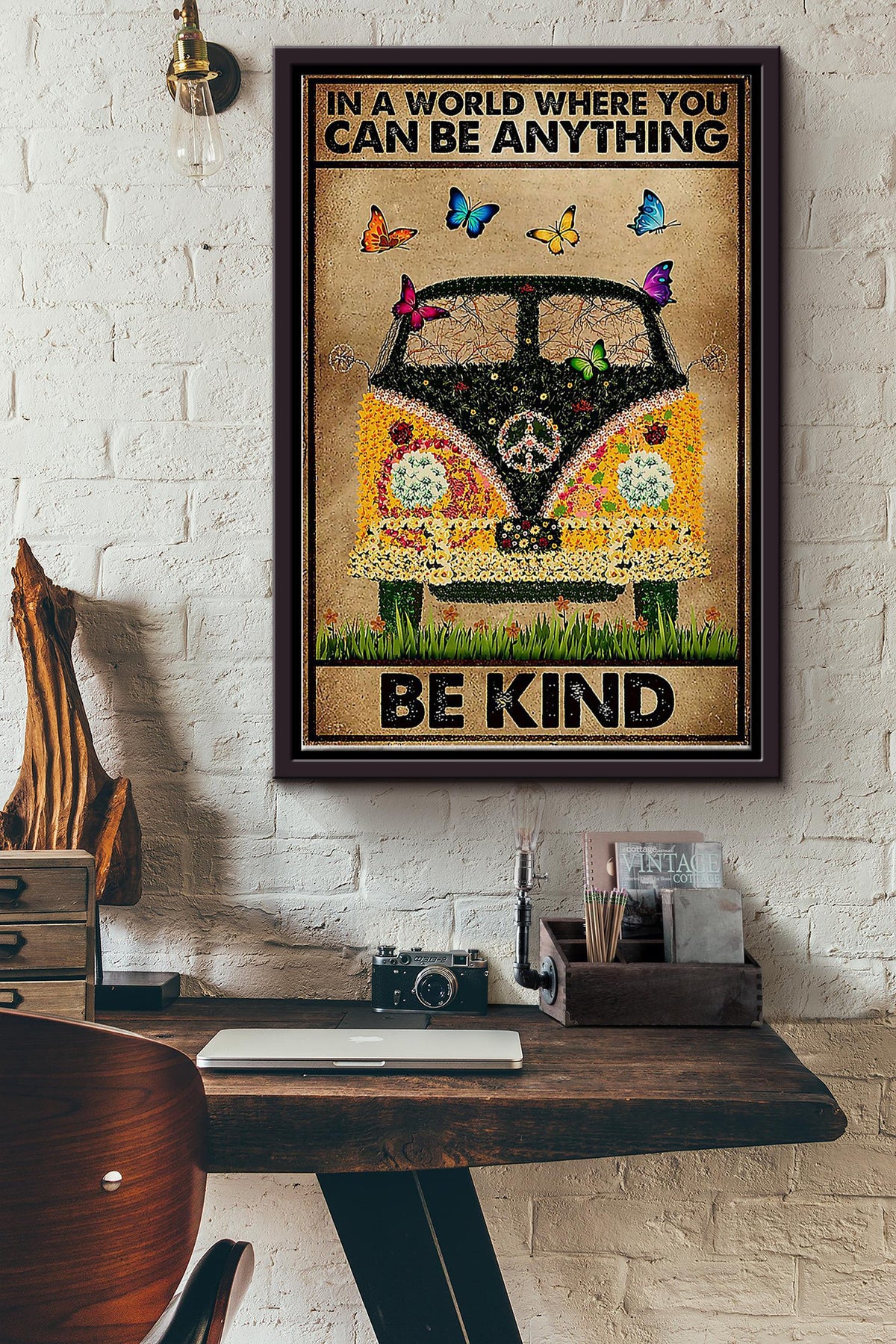 In A World Where You Can Be Anything Be Kind Vintage Poster - Hippie Wall Art - Gift For Hippie Girl Traveling Lover Flowers Lover Framed Matte Canvas Framed Prints, Canvas