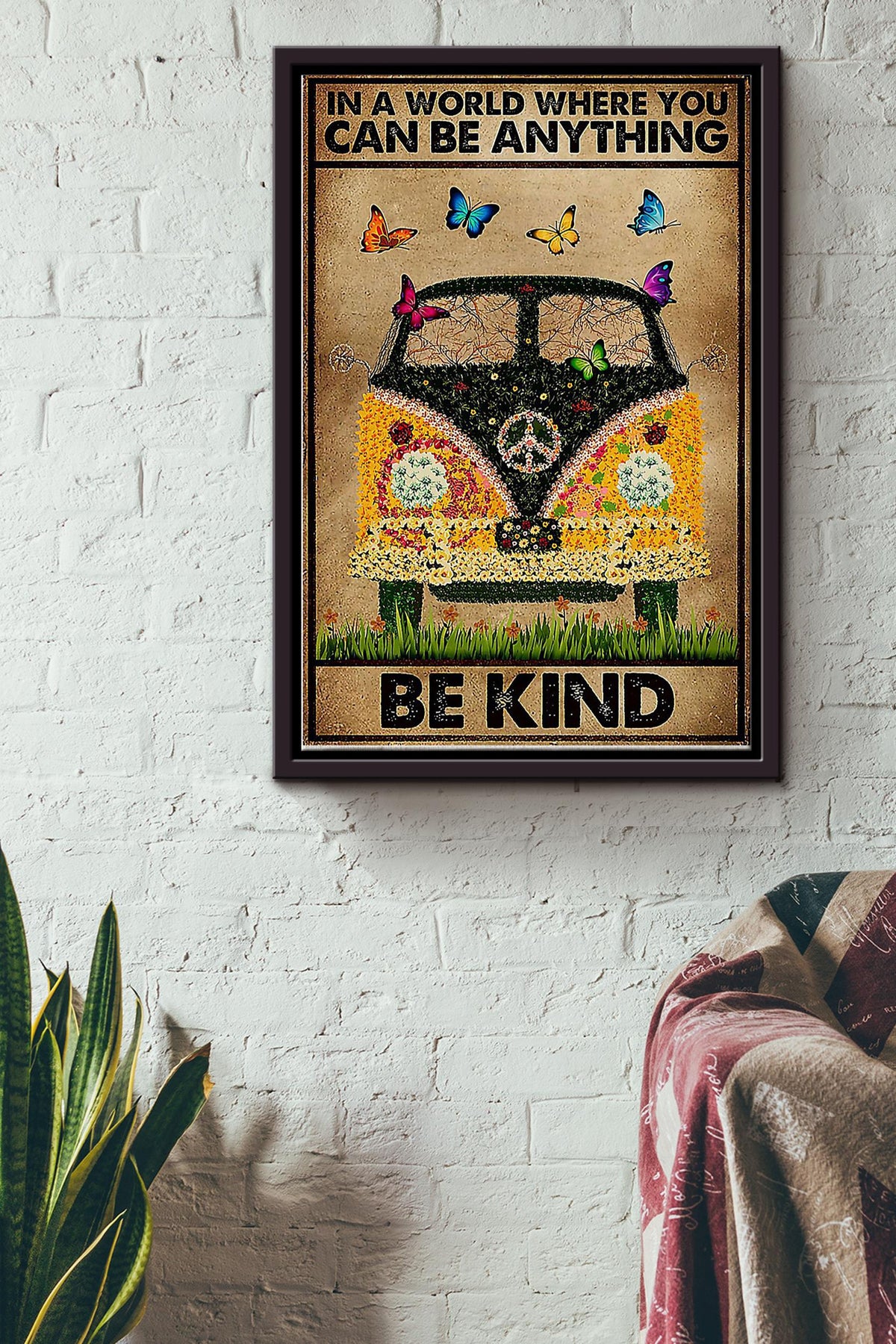 In A World Where You Can Be Anything Be Kind Vintage Poster - Hippie Wall Art - Gift For Hippie Girl Traveling Lover Flowers Lover Framed Matte Canvas Framed Prints, Canvas