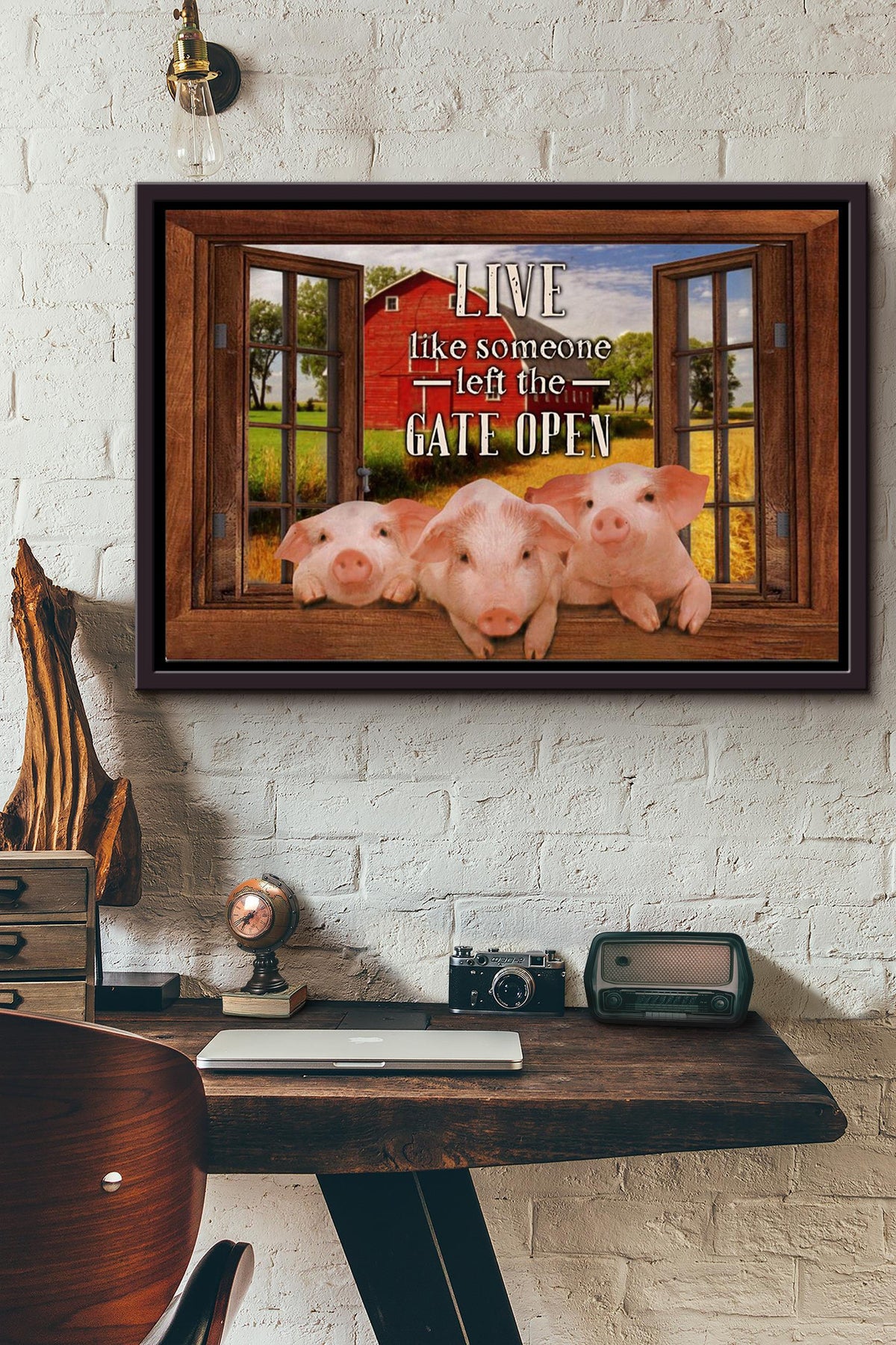 Live Like Someone Left The Gate Open Pig Poster n Framed Matte Canvas