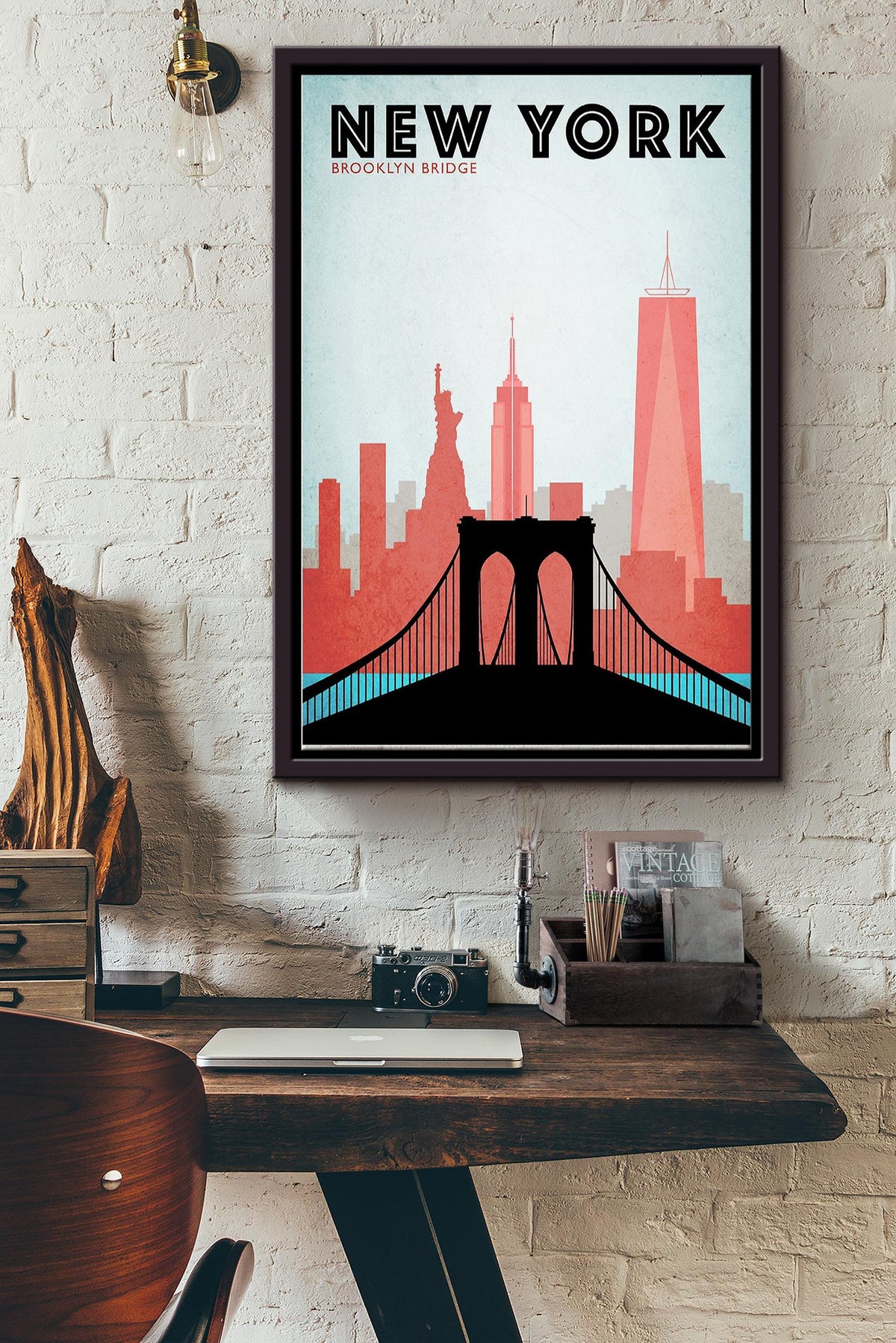 Brooklyn Bridge Travel New York Poster Framed Matte Canvas