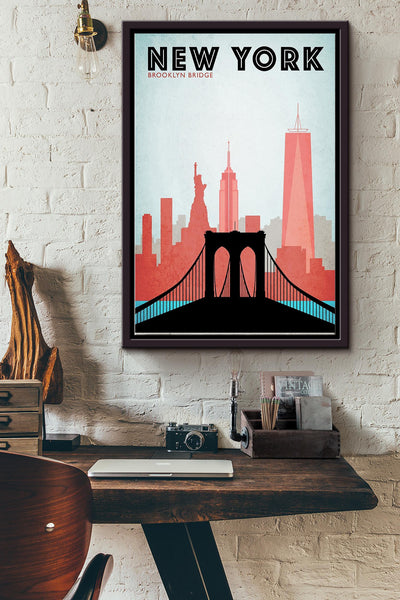 Brooklyn Bridge Travel New York Poster Framed Matte Canvas