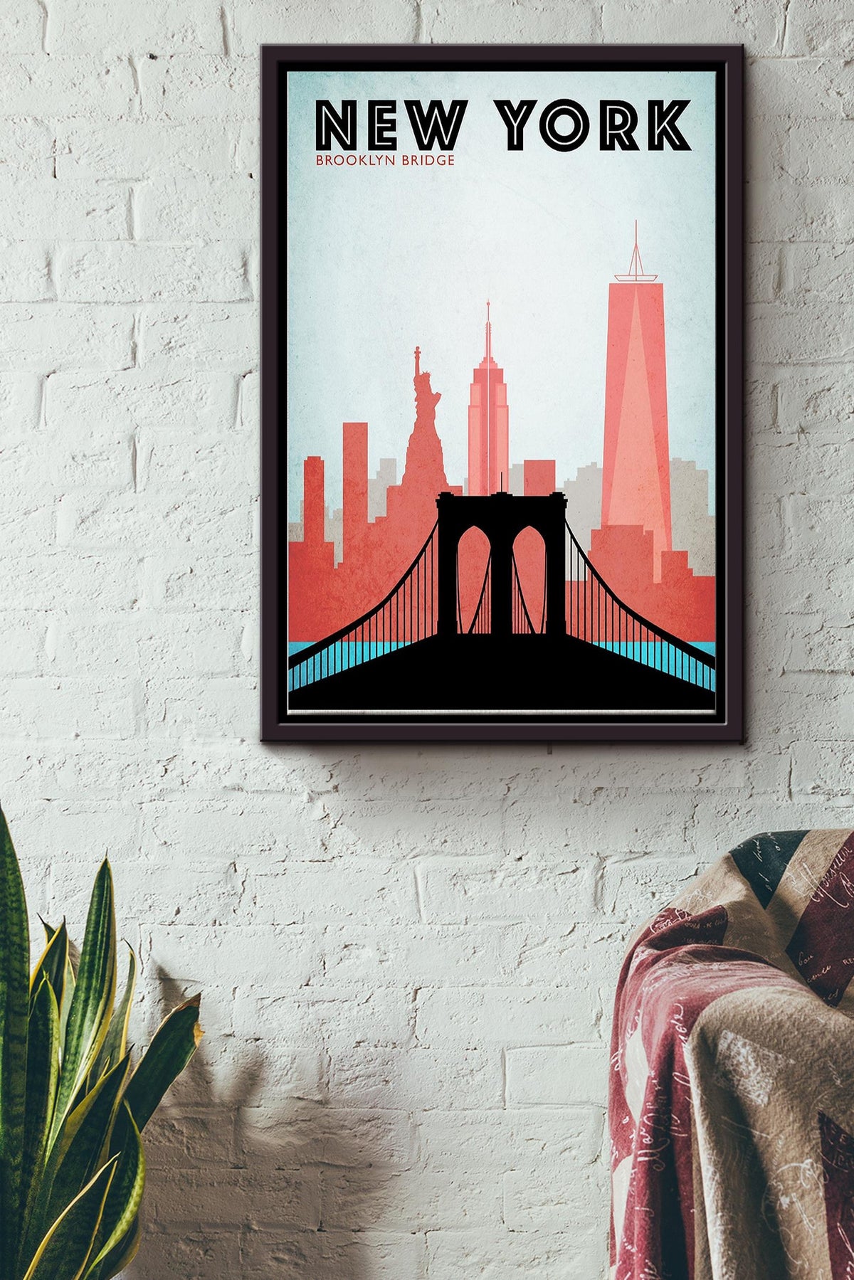 Brooklyn Bridge Travel New York Poster Framed Matte Canvas