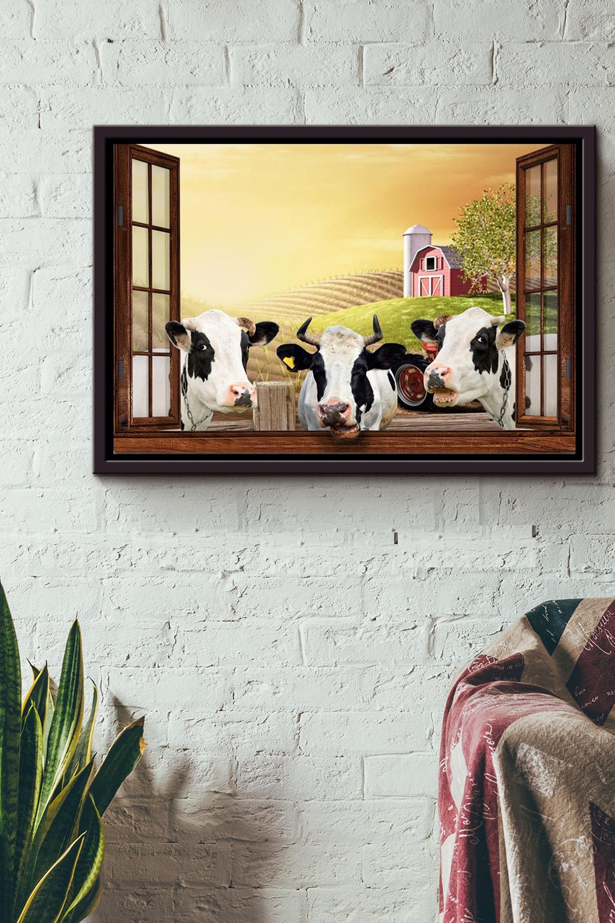Cows Farm Window Poster n Framed Matte Canvas