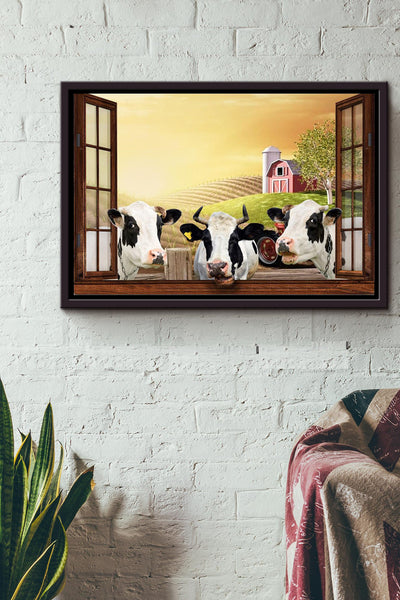 Cows Farm Window Poster n Framed Matte Canvas