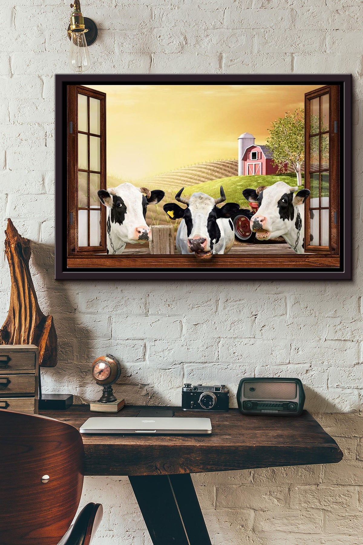 Cows Farm Window Poster n Framed Matte Canvas