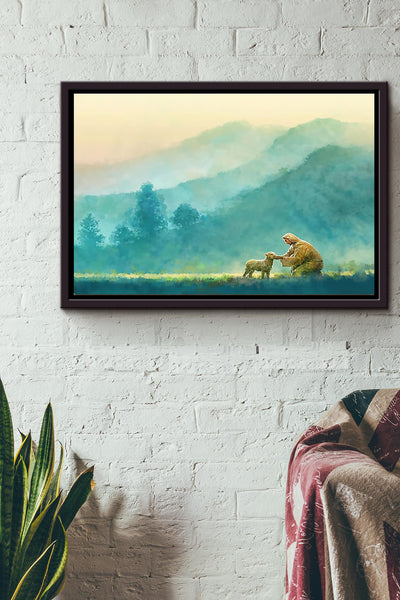 Jesus With The Sheep On The Field Poster n Framed Matte Canvas