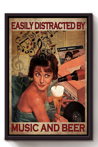 Easily Distracted By Music And Beer For Home Decor Housewarming Framed Canvas