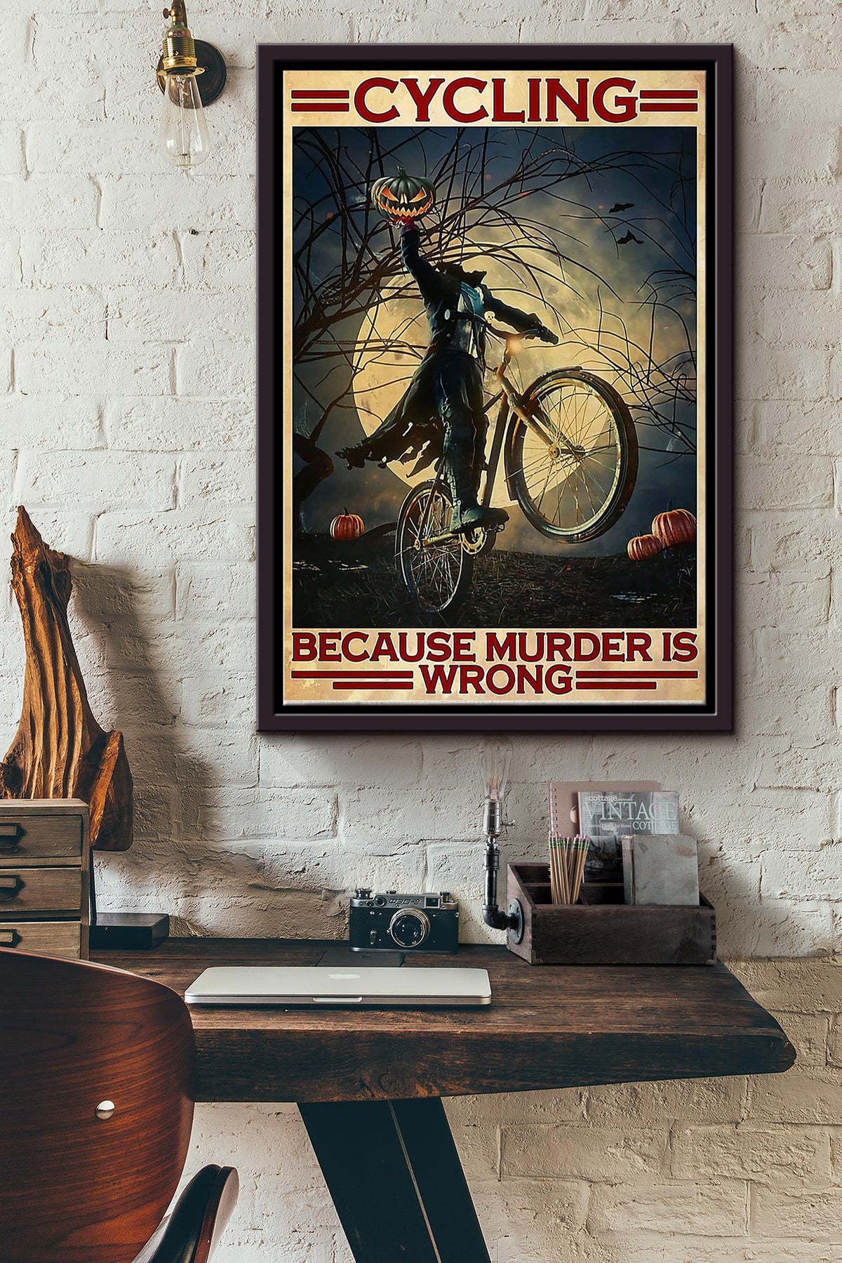 Jack The Pumkin King Cycling Because Murder Is Wrong Halloween Poster Framed Matte Canvas