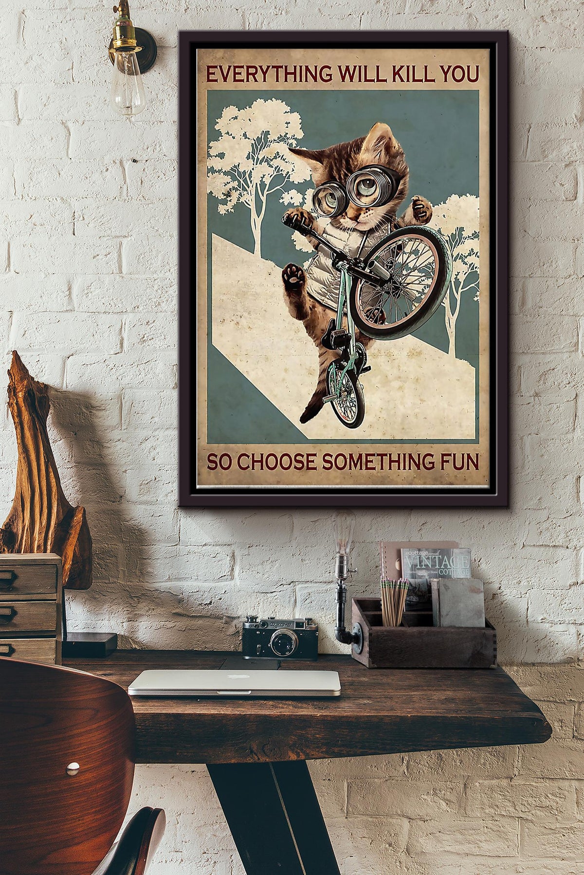 Everything Will Kill You So Choose Something Fun Cycling Cat Poster Framed Matte Canvas