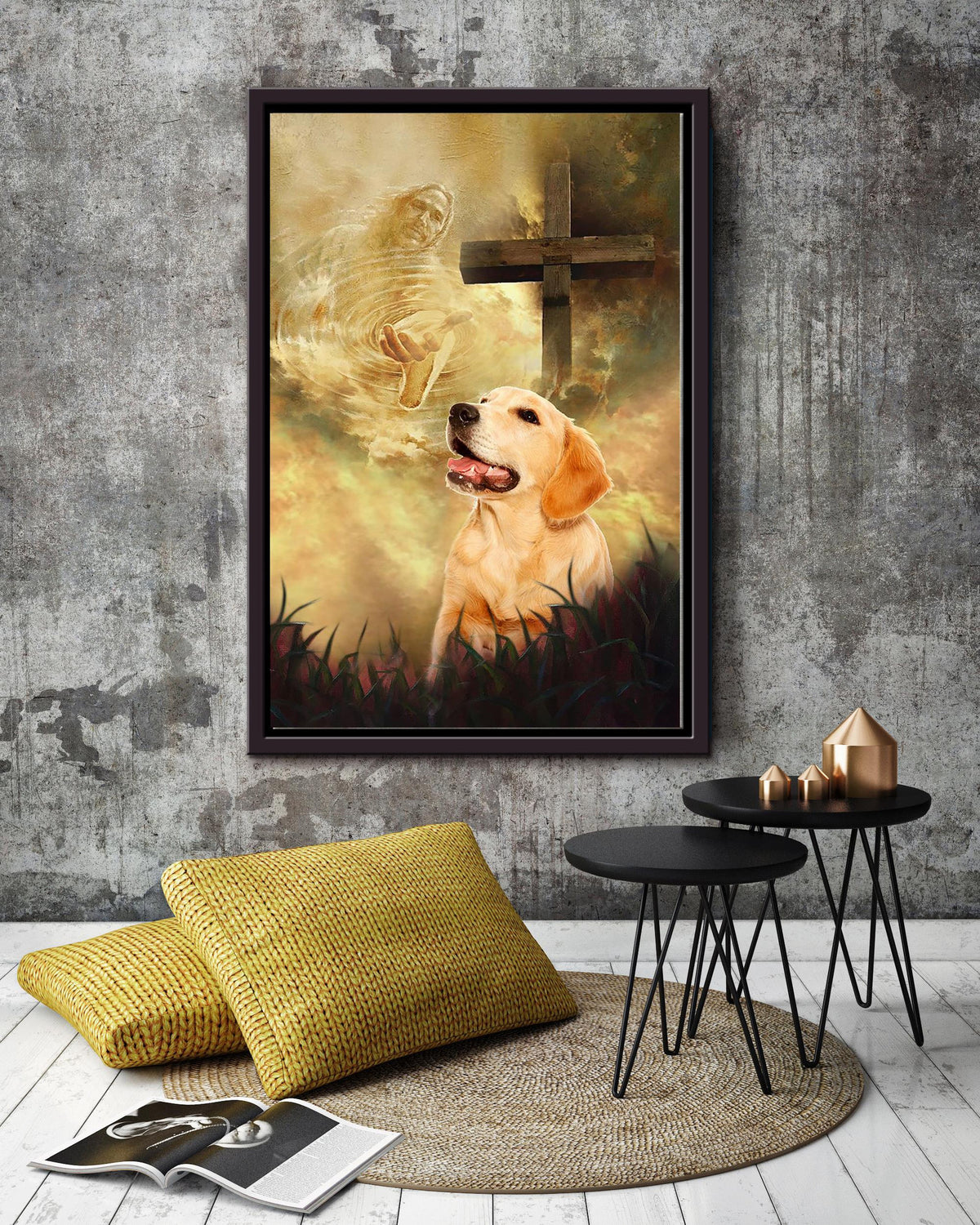 Labrador Retrievers And Crucifix God Wall Art For Home Decor Gift For Christian Framed Matte Canvas Framed Prints, Canvas