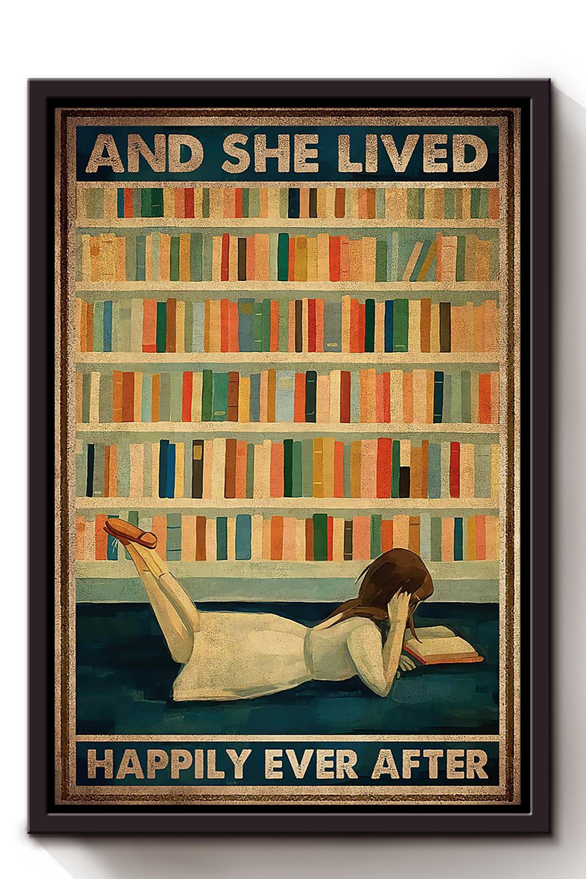 Little Girl Reading Book And She Lived Happily Ever After Quote Gift For Girl Loves Book Books Lover Framed Canvas