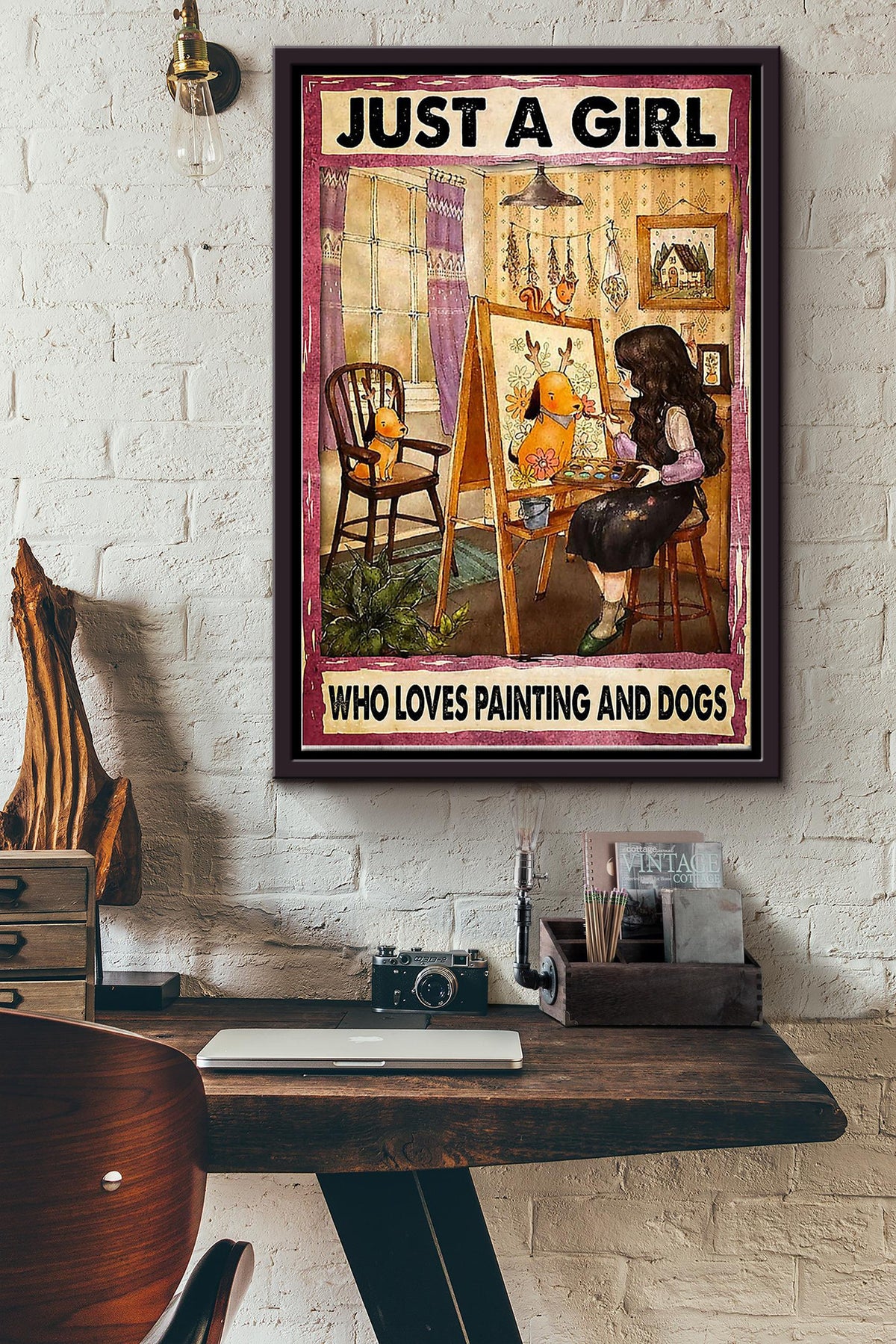 Just A Girl Loves And Dogs Poster - Wall Art - Gift For Painter Artist Girl Women Dog Dog Print Framed Matte Canvas Framed Prints, Canvas