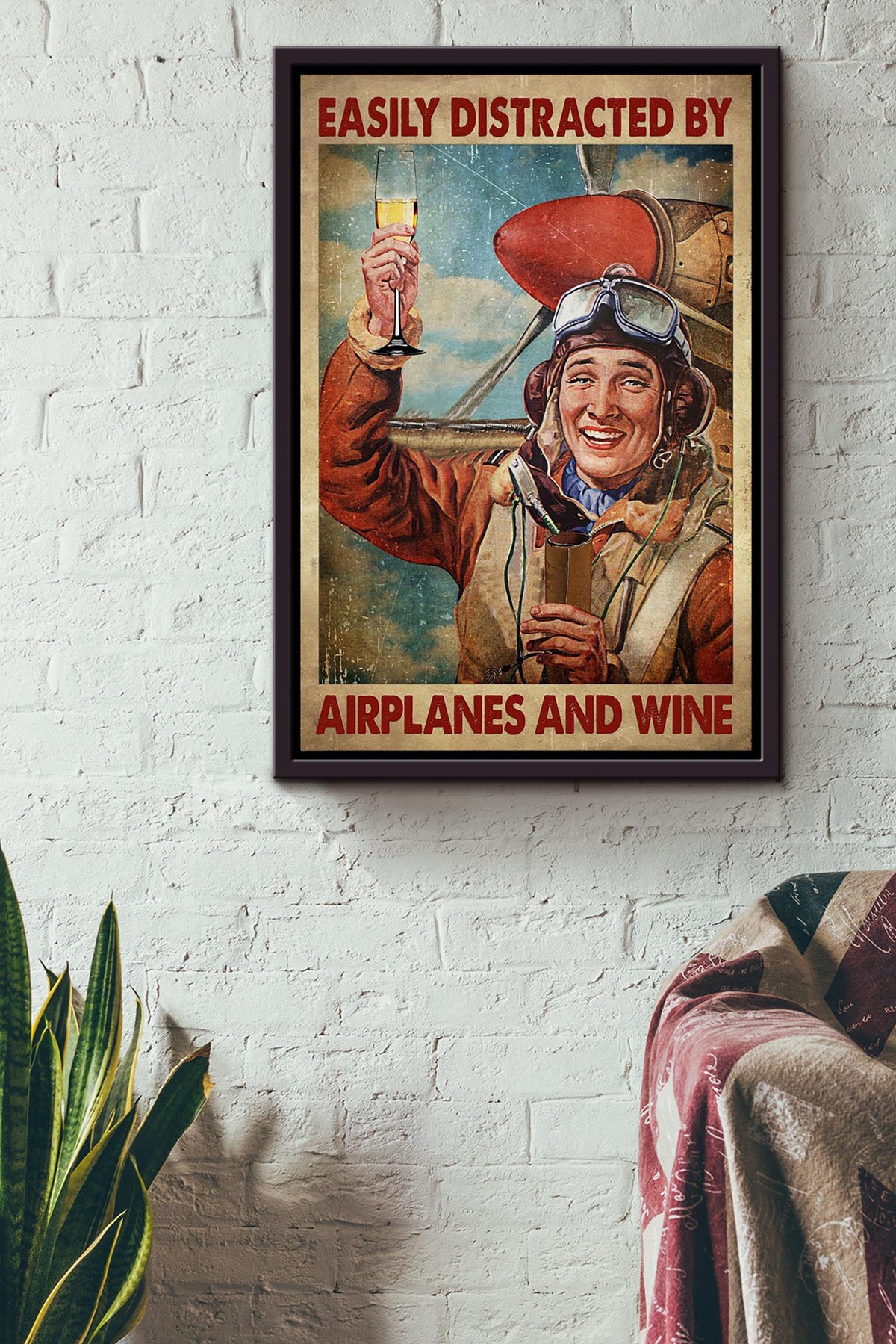 Easily Distracted By Airplanes And Wine For Home Decor Housewarming Framed Canvas