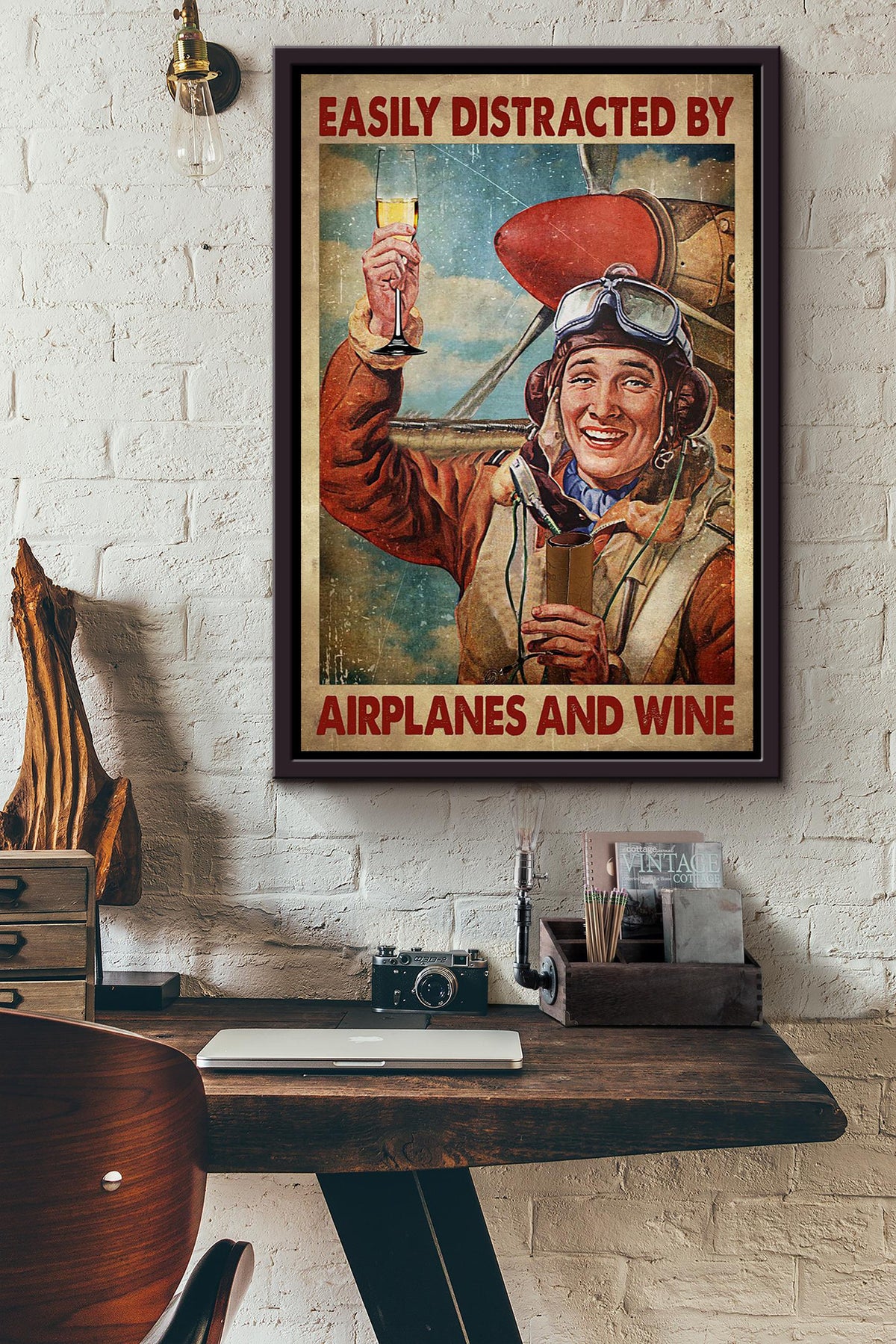 Easily Distracted By Airplanes And Wine For Home Decor Housewarming Framed Canvas
