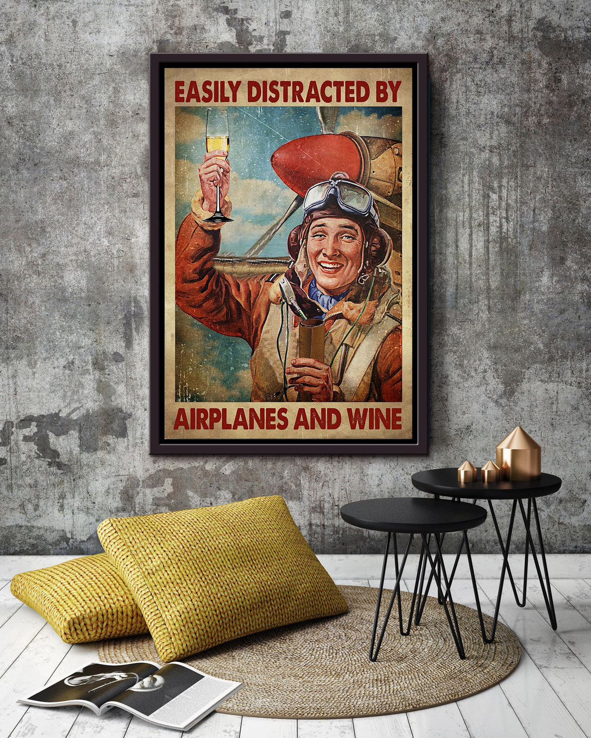 Easily Distracted By Airplanes And Wine For Home Decor Housewarming Framed Canvas