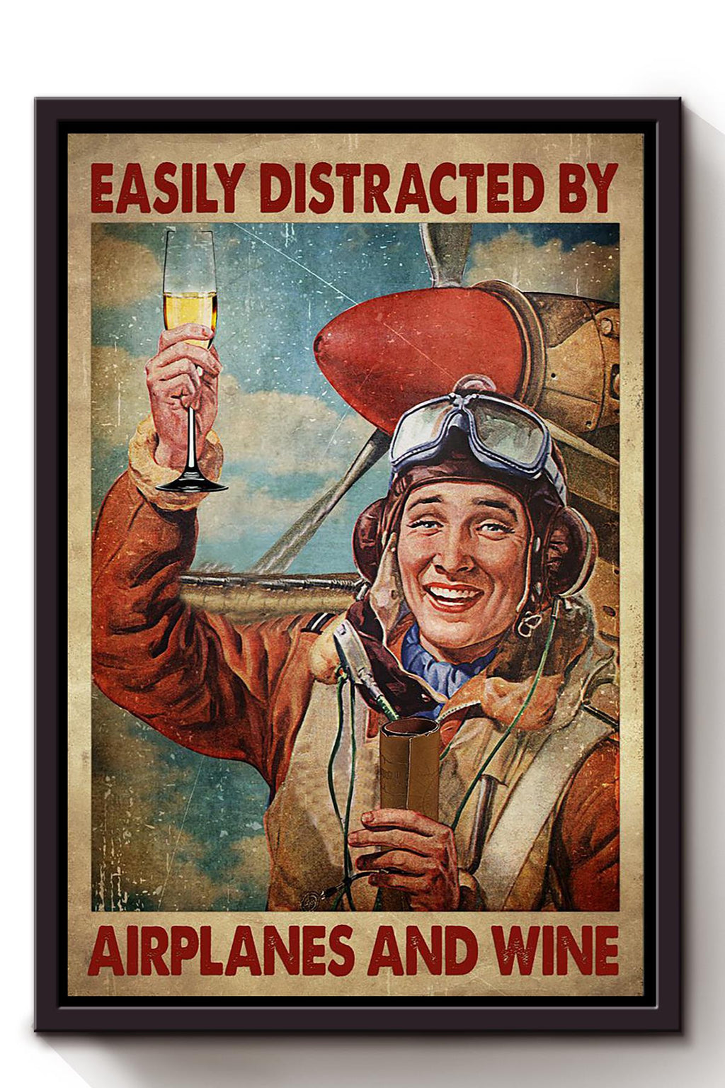 Easily Distracted By Airplanes And Wine For Home Decor Housewarming Framed Canvas