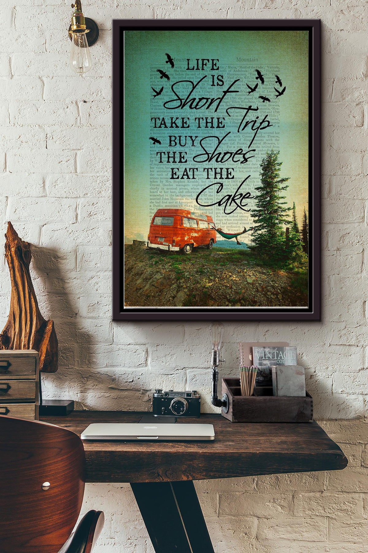 Life Is Short Take The Trip Buy The Shoes Eat The Cake Poster - Travel Wall Art - Gift For Camper, Tourist, Traveller, Backpacker Framed Matte Canvas Framed Prints, Canvas