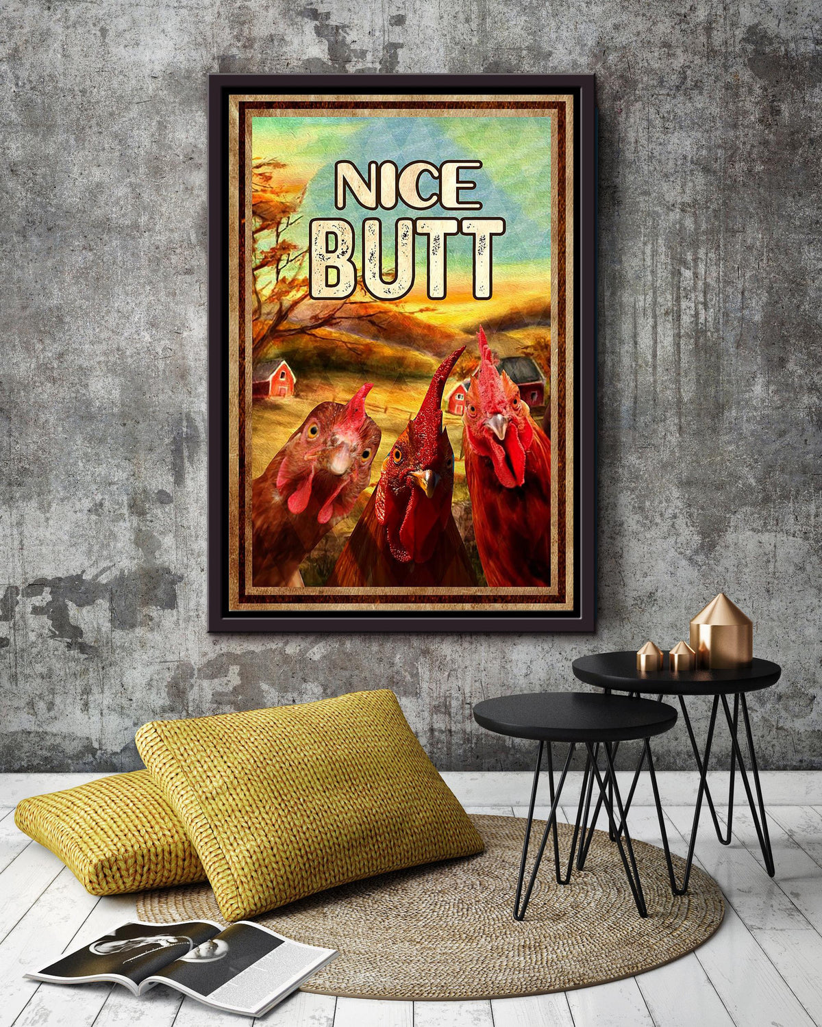 Funny Chicken Nice Bum Vintage Retro Gift For Farmer Framed Canvas