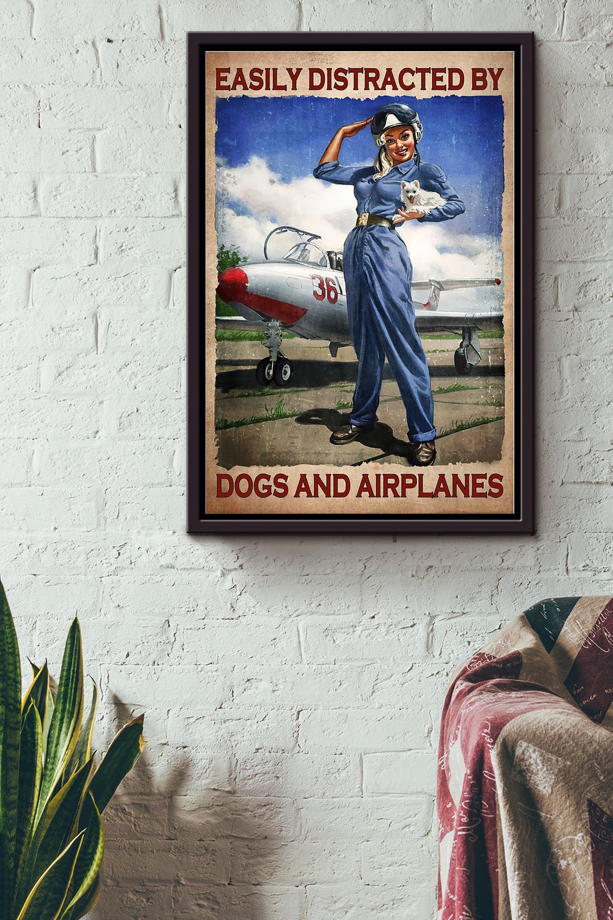 Easily Distracted By Dogs And Airplanes For Female Pilot Home Decor Housewarming Framed Canvas