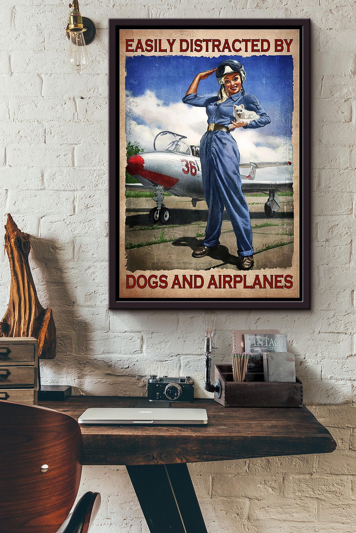 Easily Distracted By Dogs And Airplanes For Female Pilot Home Decor Housewarming Framed Canvas