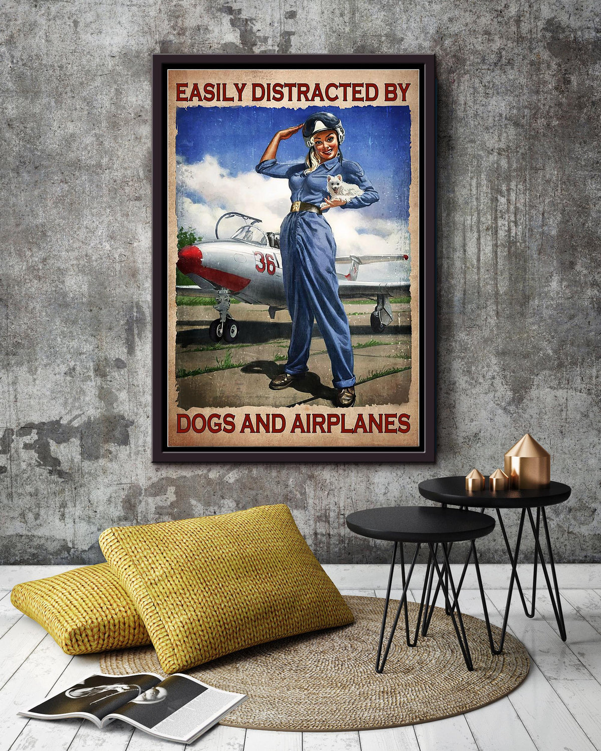 Easily Distracted By Dogs And Airplanes For Female Pilot Home Decor Housewarming Framed Canvas