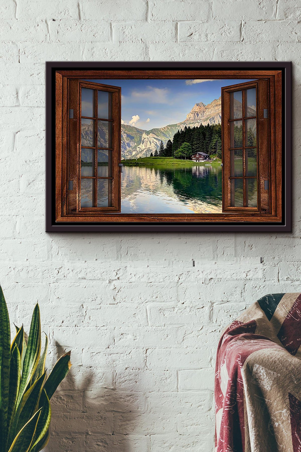 Lakeside House And Forest Window View Poster n Framed Matte Canvas