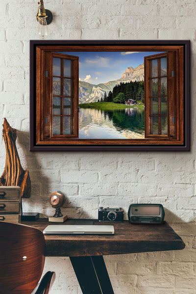 Lakeside House And Forest Window View Poster n Framed Matte Canvas