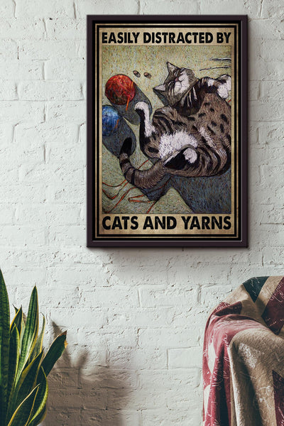 Easily Distracted By Cats And Yarns Gift For Cat Lover Cat Mom Framed Canvas