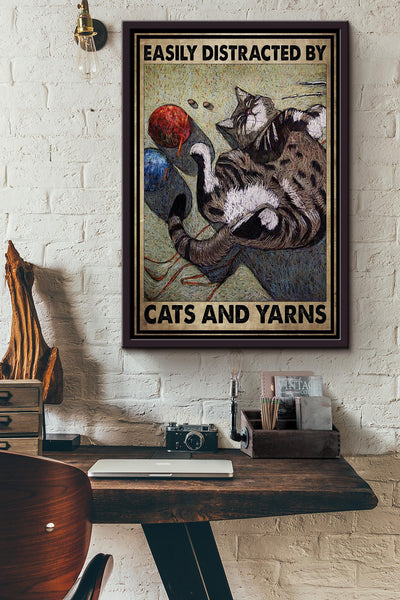Easily Distracted By Cats And Yarns Gift For Cat Lover Cat Mom Framed Canvas