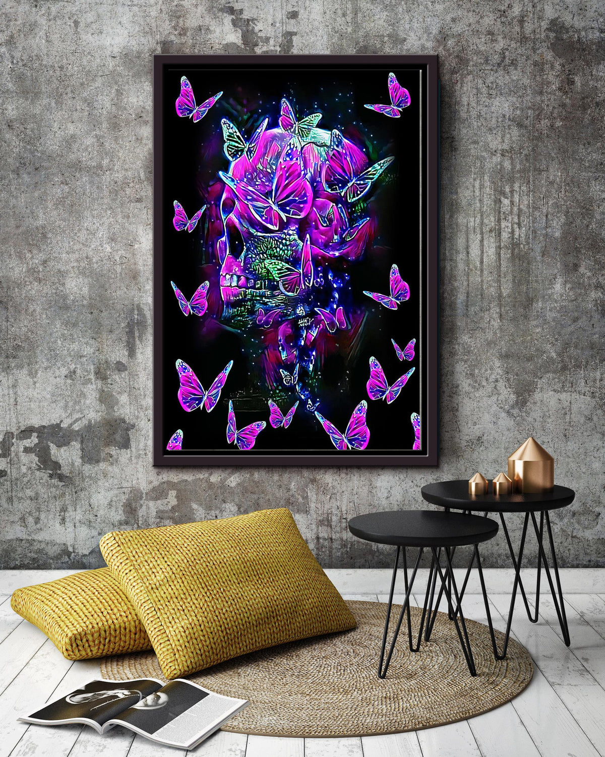 Colorful Glitter Skullcap And Butterflies Watercolor Wall Art Gift For Memorial Day Framed Canvas Framed Prints, Canvas