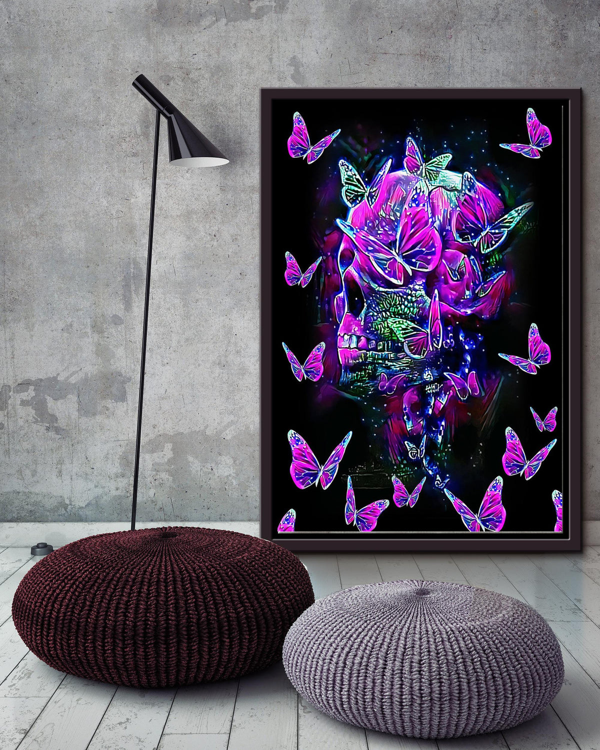 Colorful Glitter Skullcap And Butterflies Watercolor Wall Art Gift For Memorial Day Framed Canvas Framed Prints, Canvas